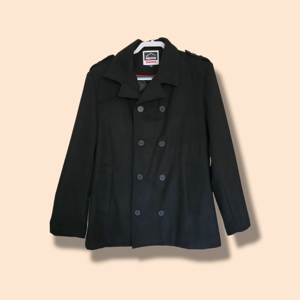 Alpine Swiss | Men's Black Double Breasted Wool Blend Pea Coat